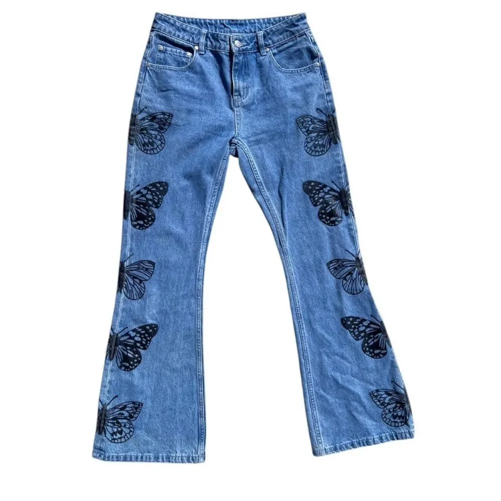 Milk It Blue Denim Flared Jeans With Black Butterfly Print Size 28